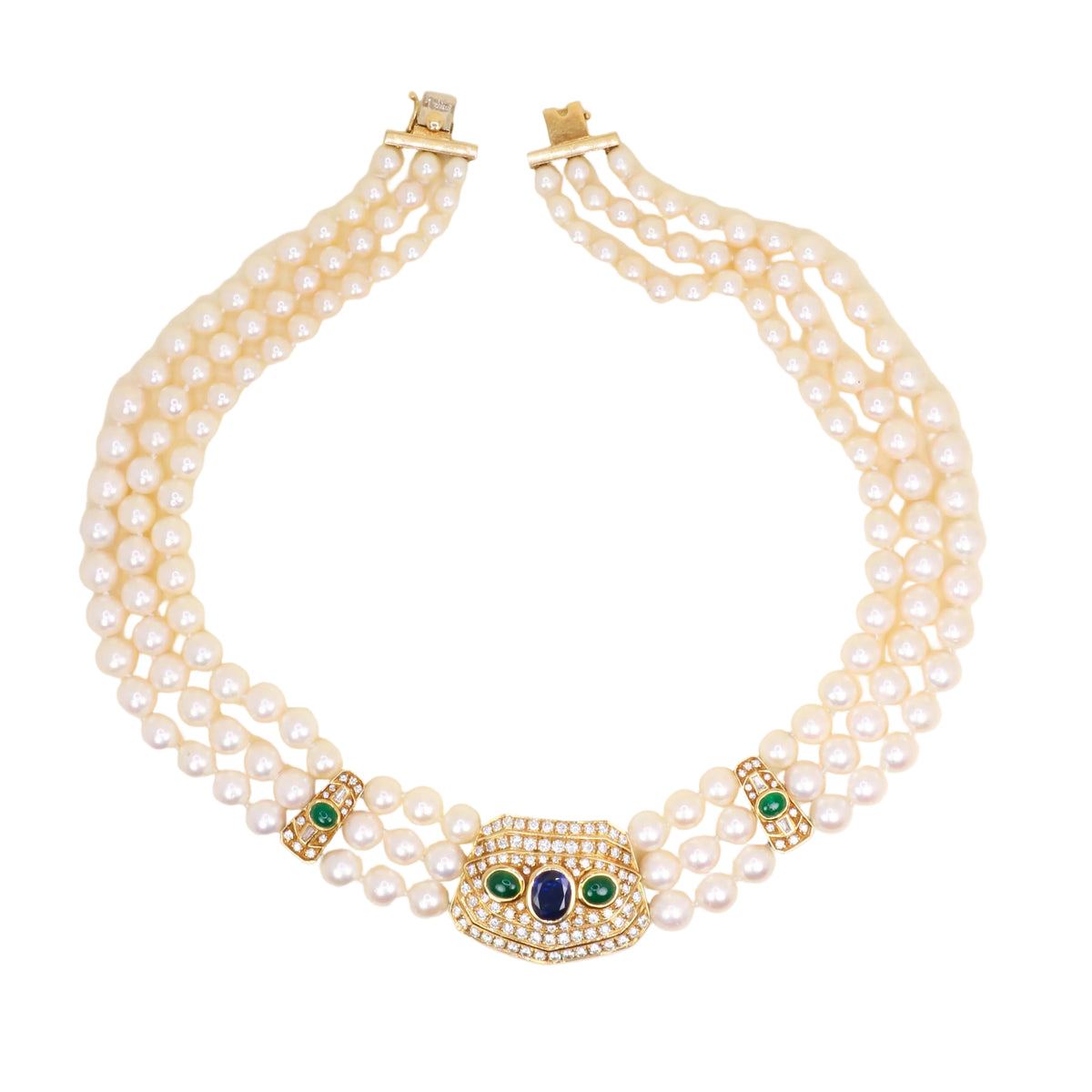 Parure REPOSSI en or jaune, perles, saphirs, émeraudes et diamants