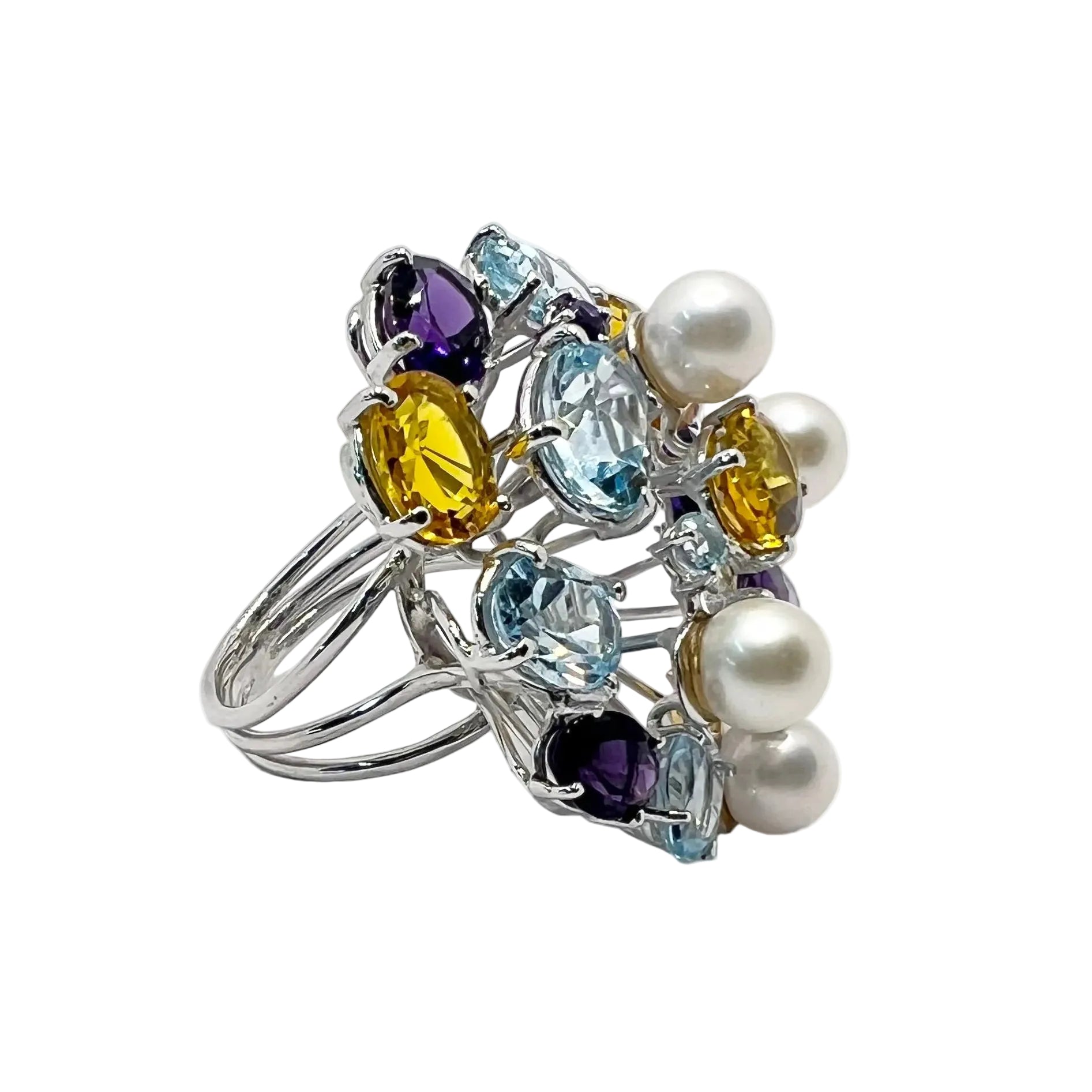 Bague Cocktail LUCIANO SOMENZI en or blanc, améthystes, quartz, topazes et perles