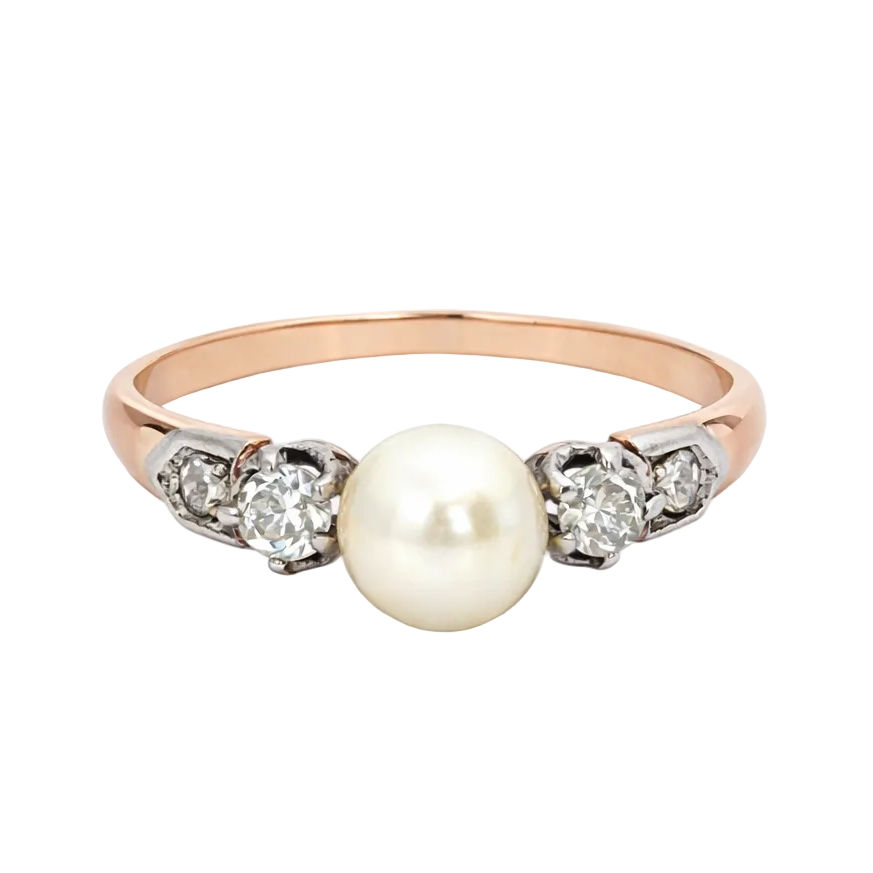 Bague Solitaire en or blanc, or jaune, perle et diamants