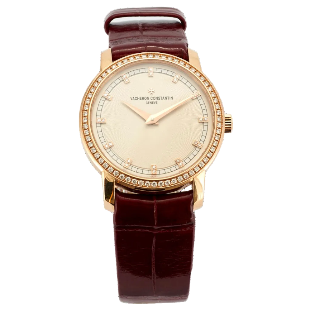 Montre VACHERON CONSTANTIN "Patrimony" PM en or rose, cuir et diamants