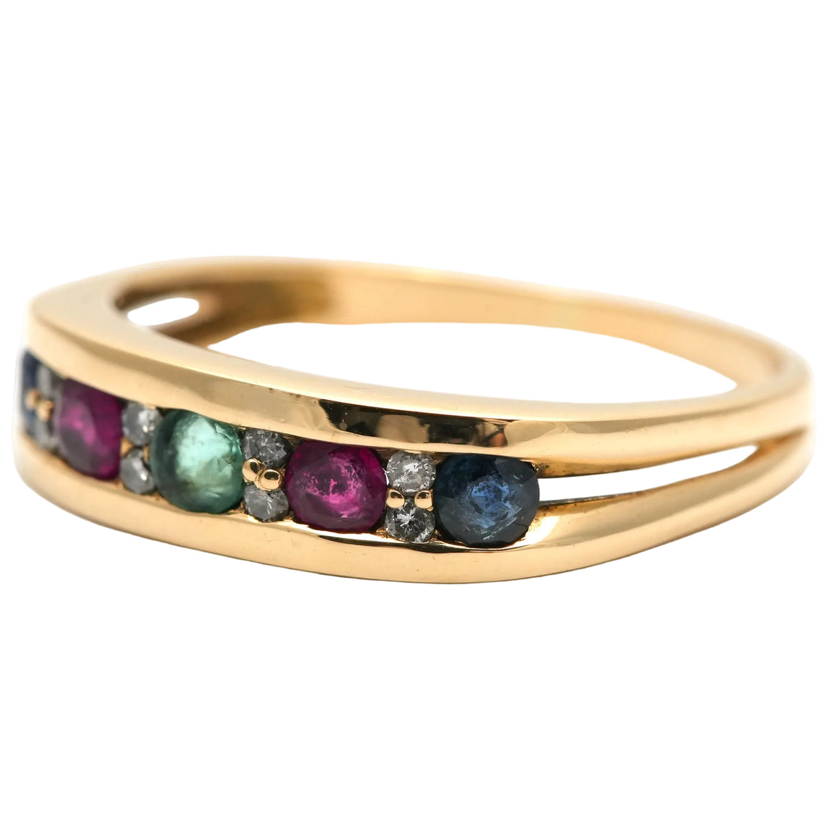 Bague en or jaune, émeraude, rubis, saphirs et diamants