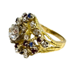 Bague ancienne or jaune, rubis, saphirs, et diamants