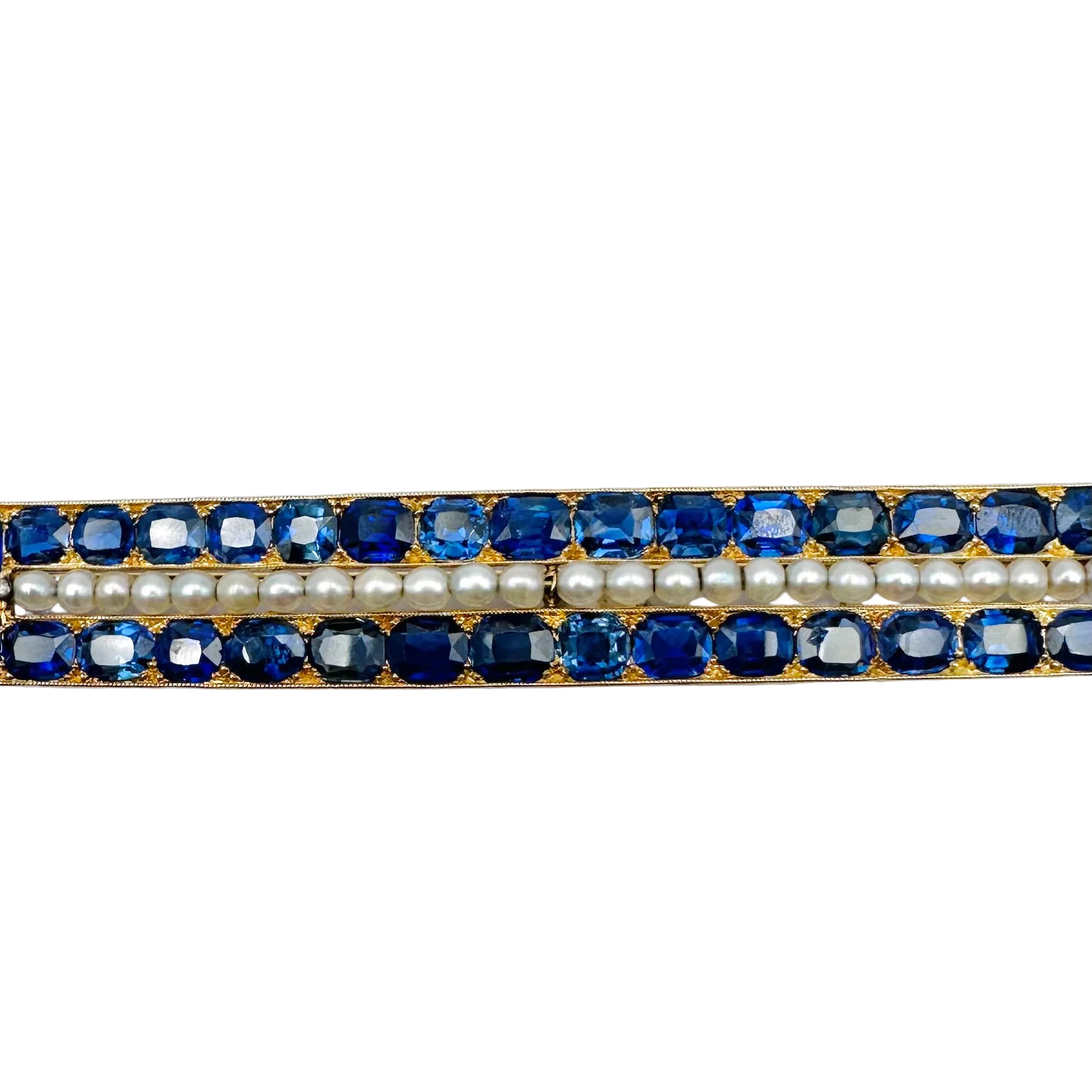 Broche Barrette en or jaune, perles et saphirs