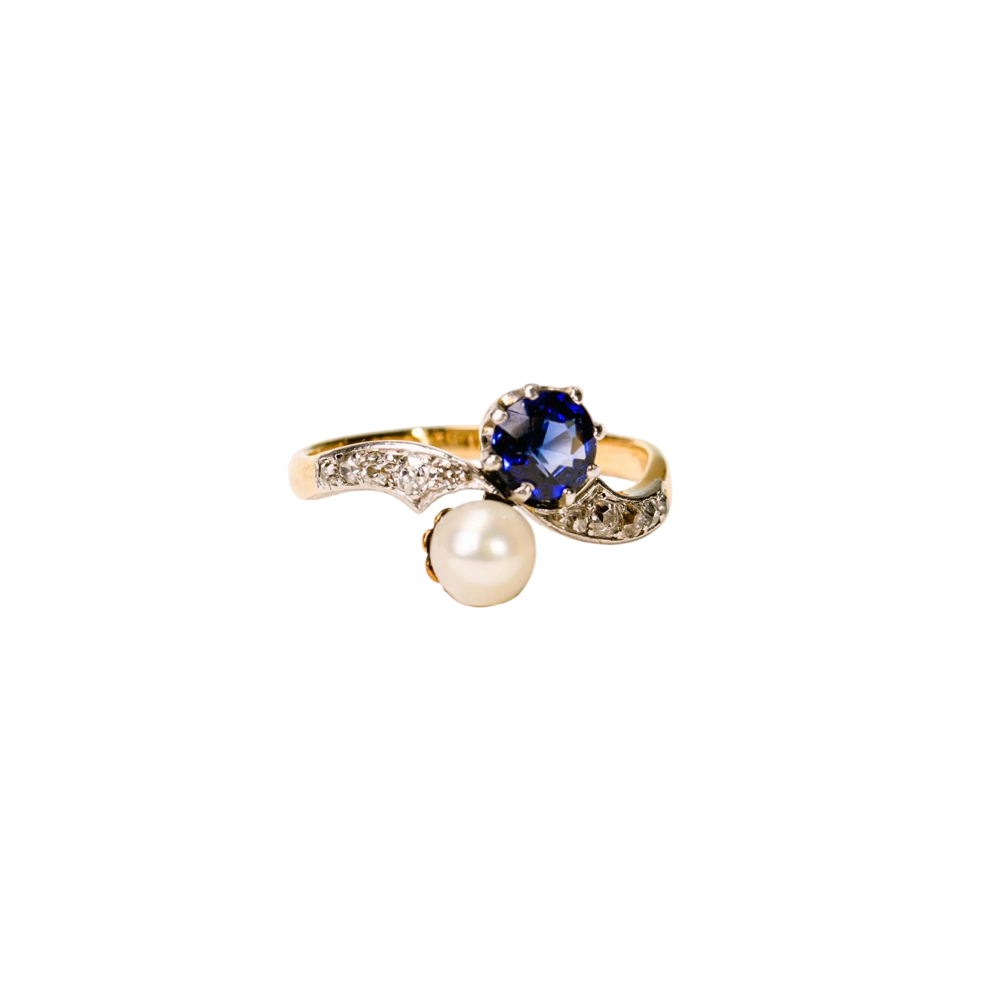 Bague Toi et Moi en or jaune, platine, saphir, perle de culture, et diamants