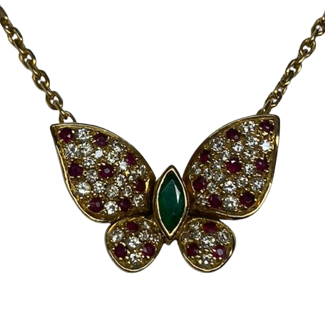 Collier Pendentif FRED "Papillon articulé" en or jaune, rubis, émeraude et diamants