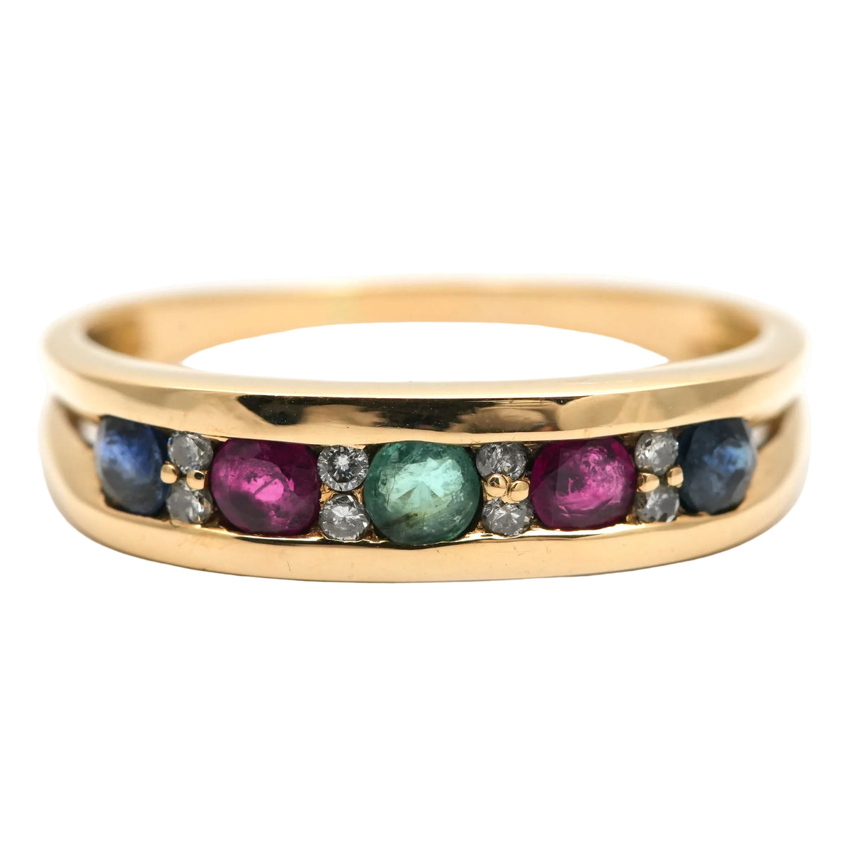 Bague en or jaune, émeraude, rubis, saphirs et diamants