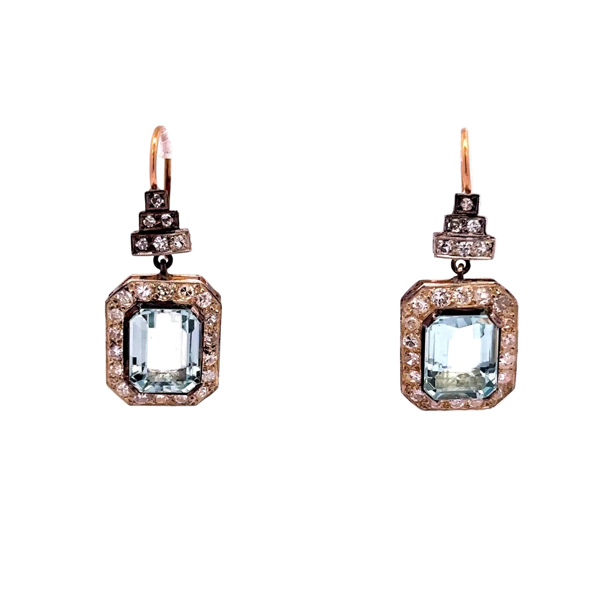 Boucles d'oreilles Pendantes en or jaune, argent, aigues-marines et diamants