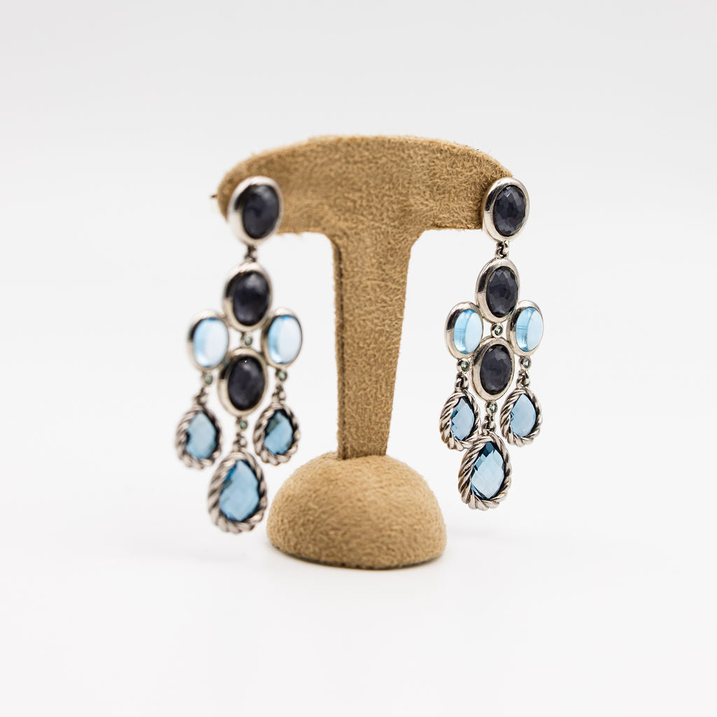 Boucles d'oreilles Chandelier DAVID YURMAN en argent, topaze bleue, hématite et diamant