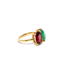 Bague Toi & Moi en or jaune, émeraude et grenat