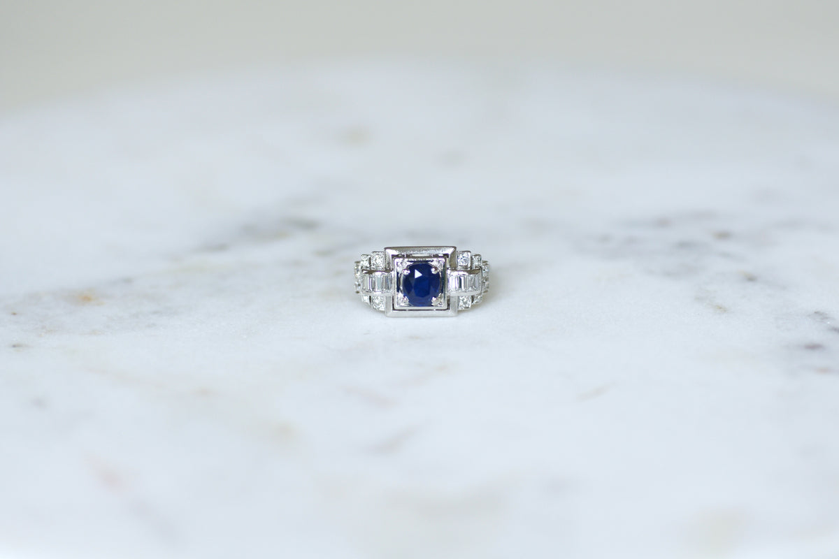 Bague Tank en platine, saphir et diamants