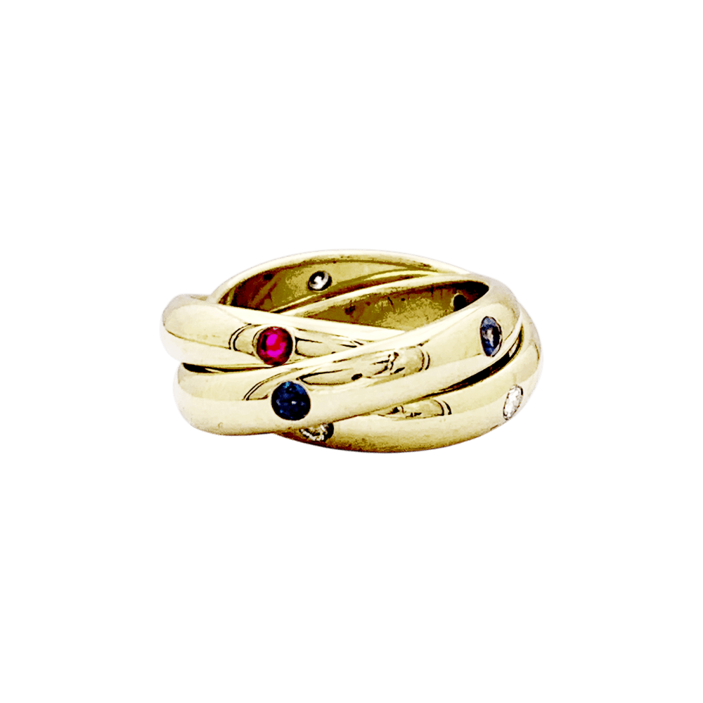Bague Cartier, "Constellation", or jaune, saphirs, rubis, diamants.