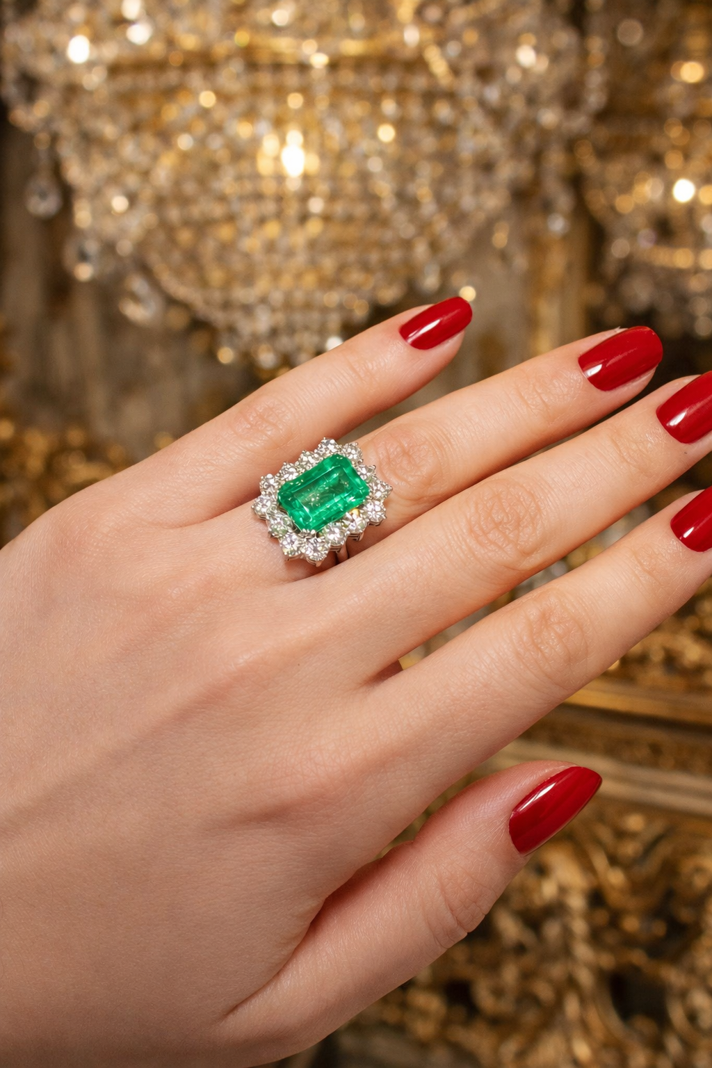 Bague Entourage en or blanc, émeraude et diamants