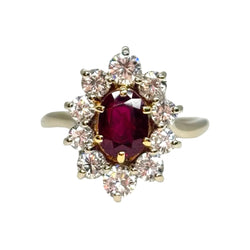 Bague Marguerite en or blanc, rubis, et diamants