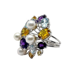 Bague Cocktail LUCIANO SOMENZI en or blanc, améthystes, quartz, topazes et perles