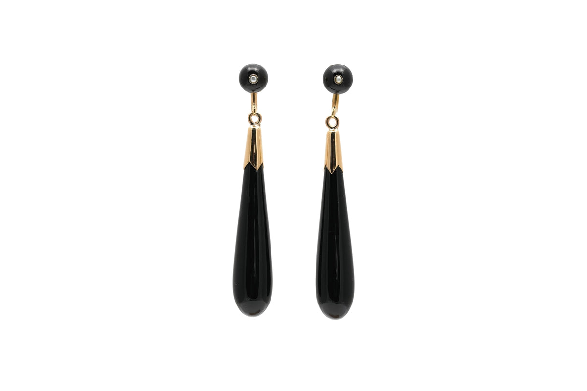 Boucles d'oreilles Pendantes en or jaune, onyx et perles