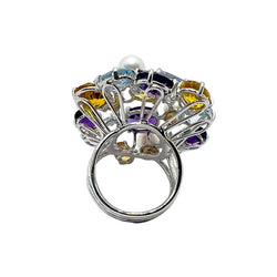 Bague Cocktail LUCIANO SOMENZI en or blanc, améthystes, quartz, topazes et perles