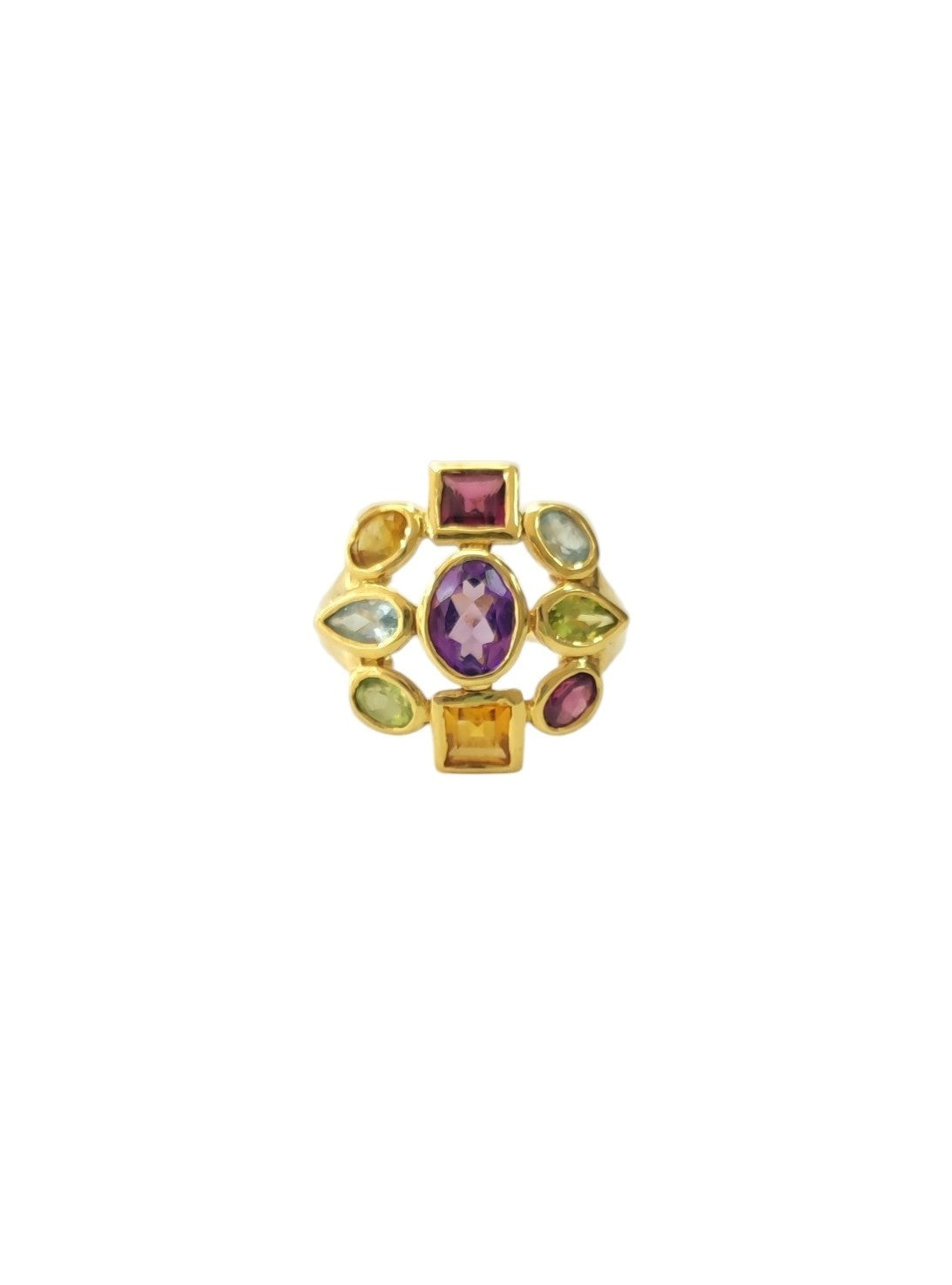 Bague Cocktail en or jaune, améthyste, péridots, aigues-marines, citrines et rhodolites