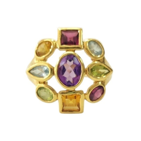 Bague Cocktail en or jaune, améthyste, péridots, aigues-marines, citrines et rhodolites