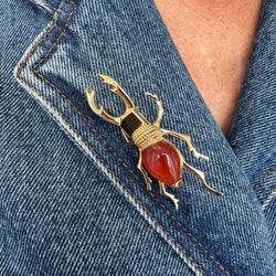 Broche HERMÈS "Scarabée" en or jaune, cornaline et agate