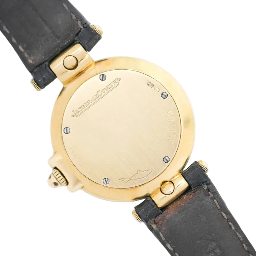 Montre JAEGER-LECOULTRE en or jaune, nacre, cuir, émeraudes et diamants