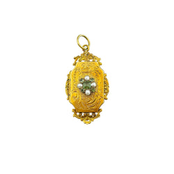 Médaillon en or jaune, perles et émeraudes