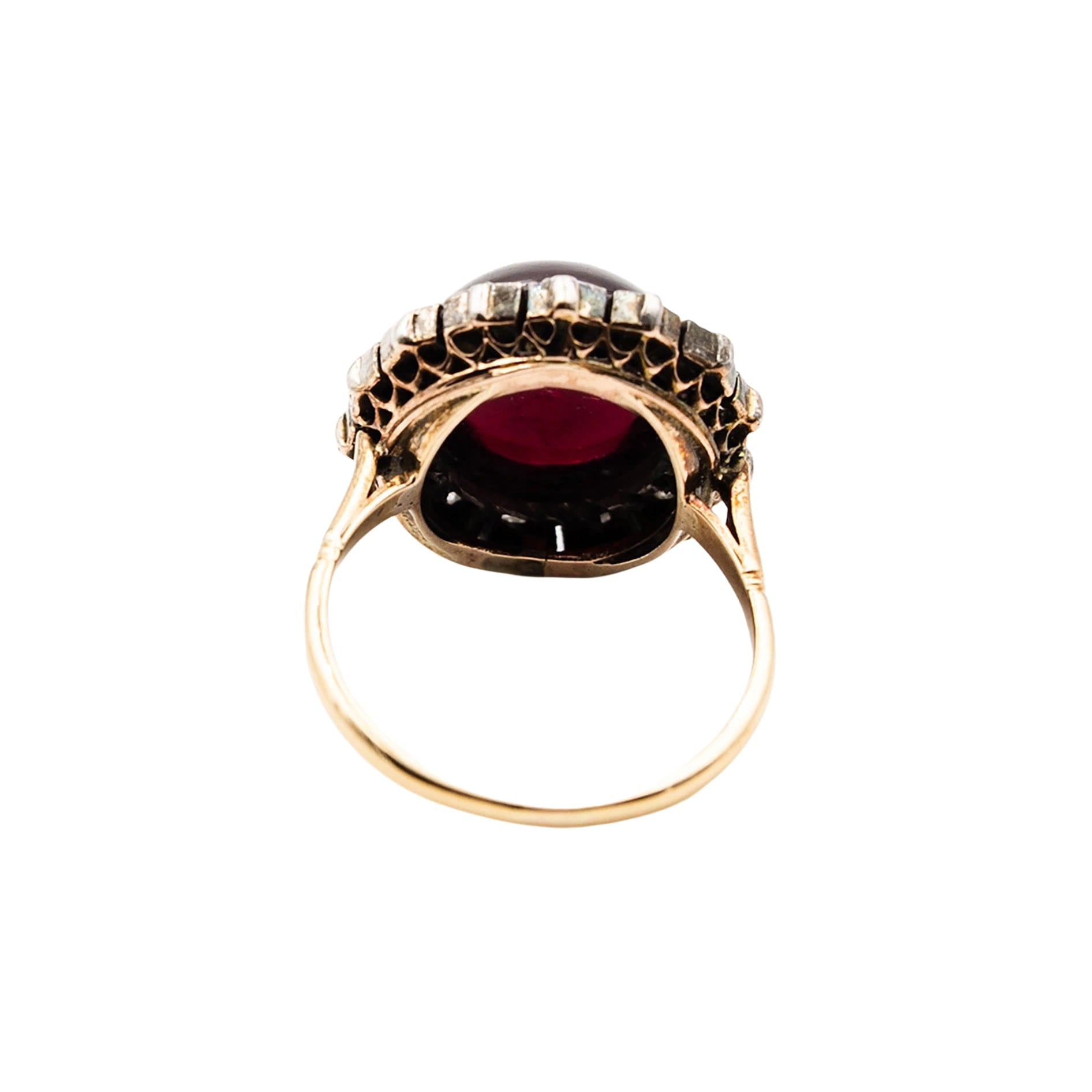 Bague Marguerite en or jaune, argent, grenat et diamants