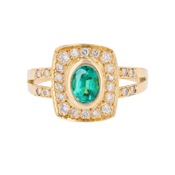 Bague Entourage en or jaune, émeraude et diamants