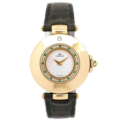 Montre JAEGER-LECOULTRE en or jaune, nacre, cuir, émeraudes et diamants