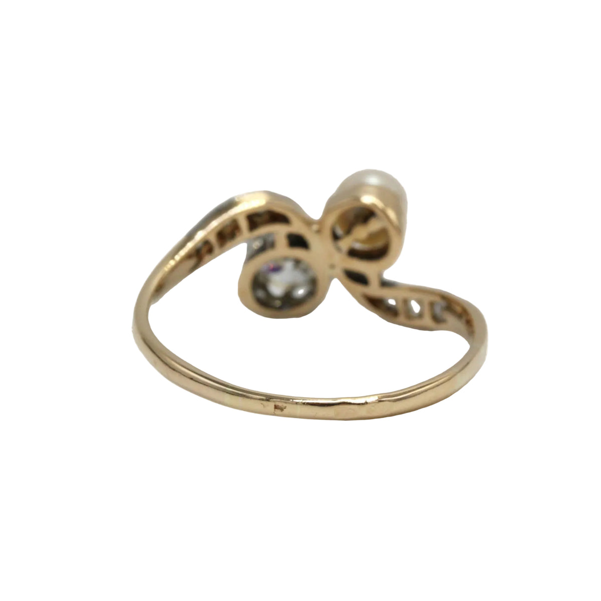 Bague Toi & Moi en or jaune, platine, perle, et diamants