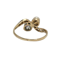 Bague Toi & Moi en or jaune, platine, perle et diamants