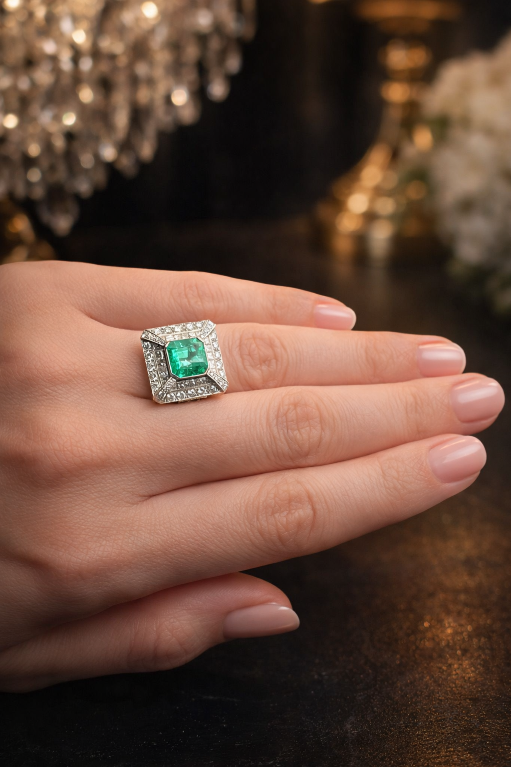 Bague Cocktail en or blanc, émeraude et diamants