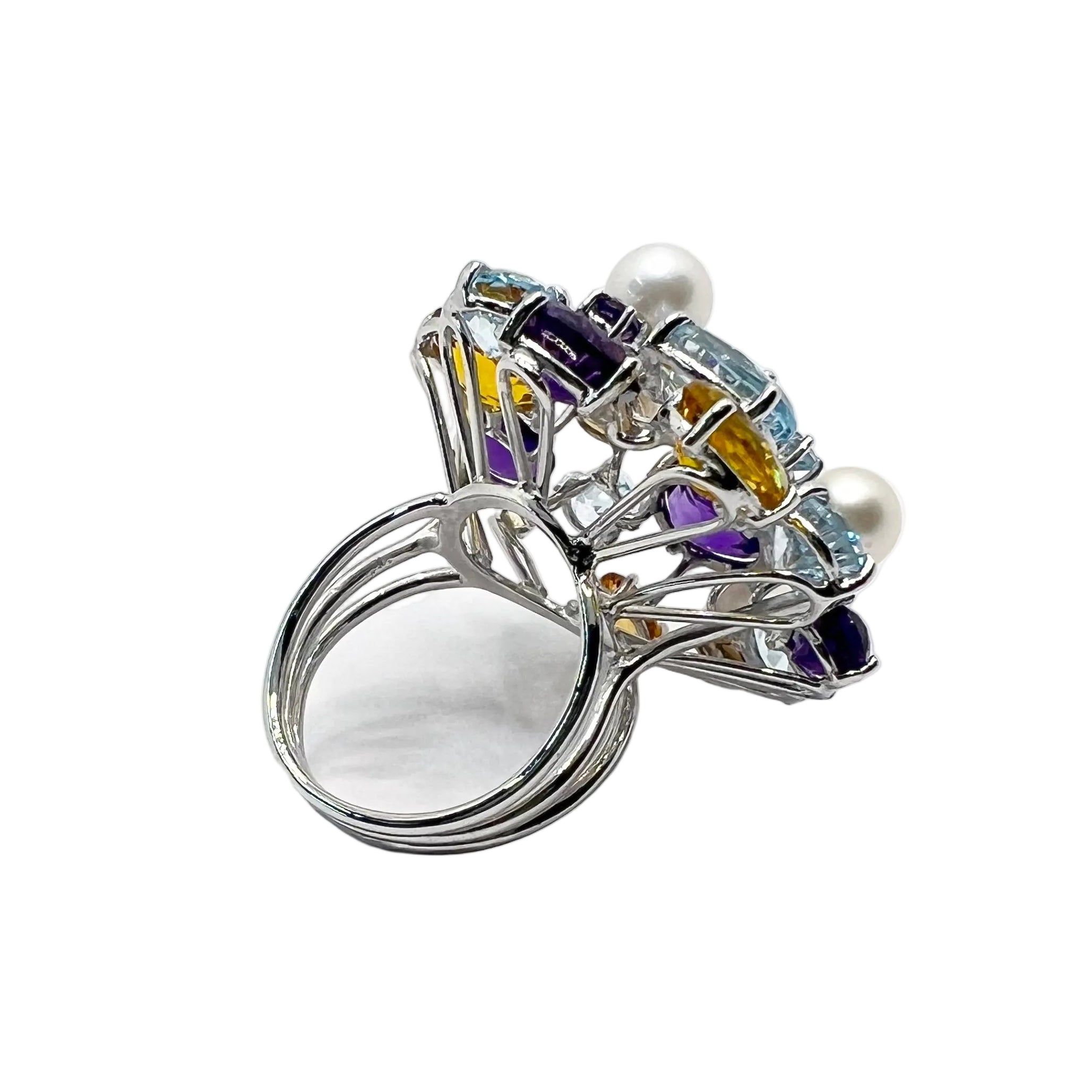 Bague Cocktail LUCIANO SOMENZI en or blanc, améthystes, quartz, topazes et perles