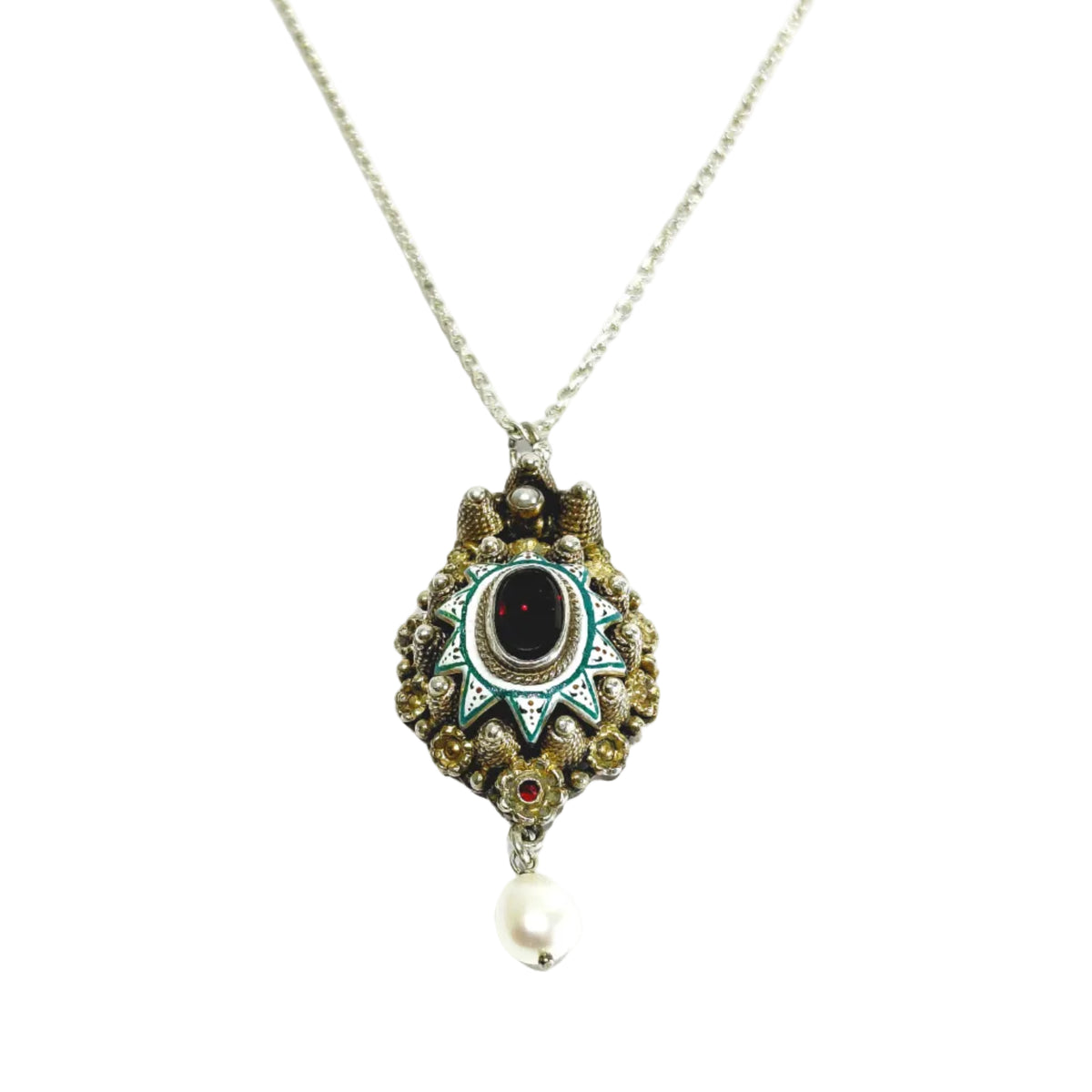 Collier Pendentif en argent, vermeil, émail, grenat et perle