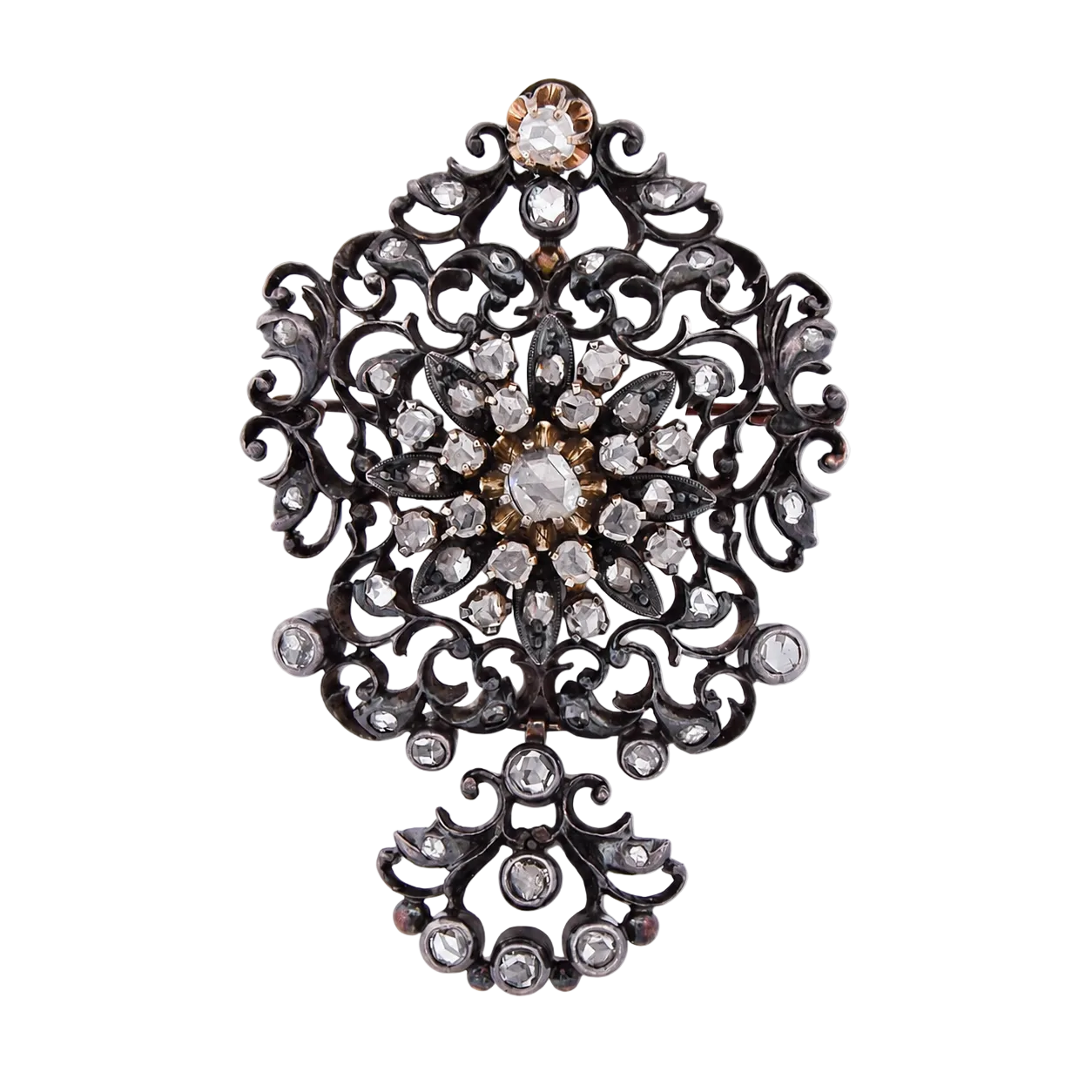 Broche-Pendentif en or jaune, argent et diamants