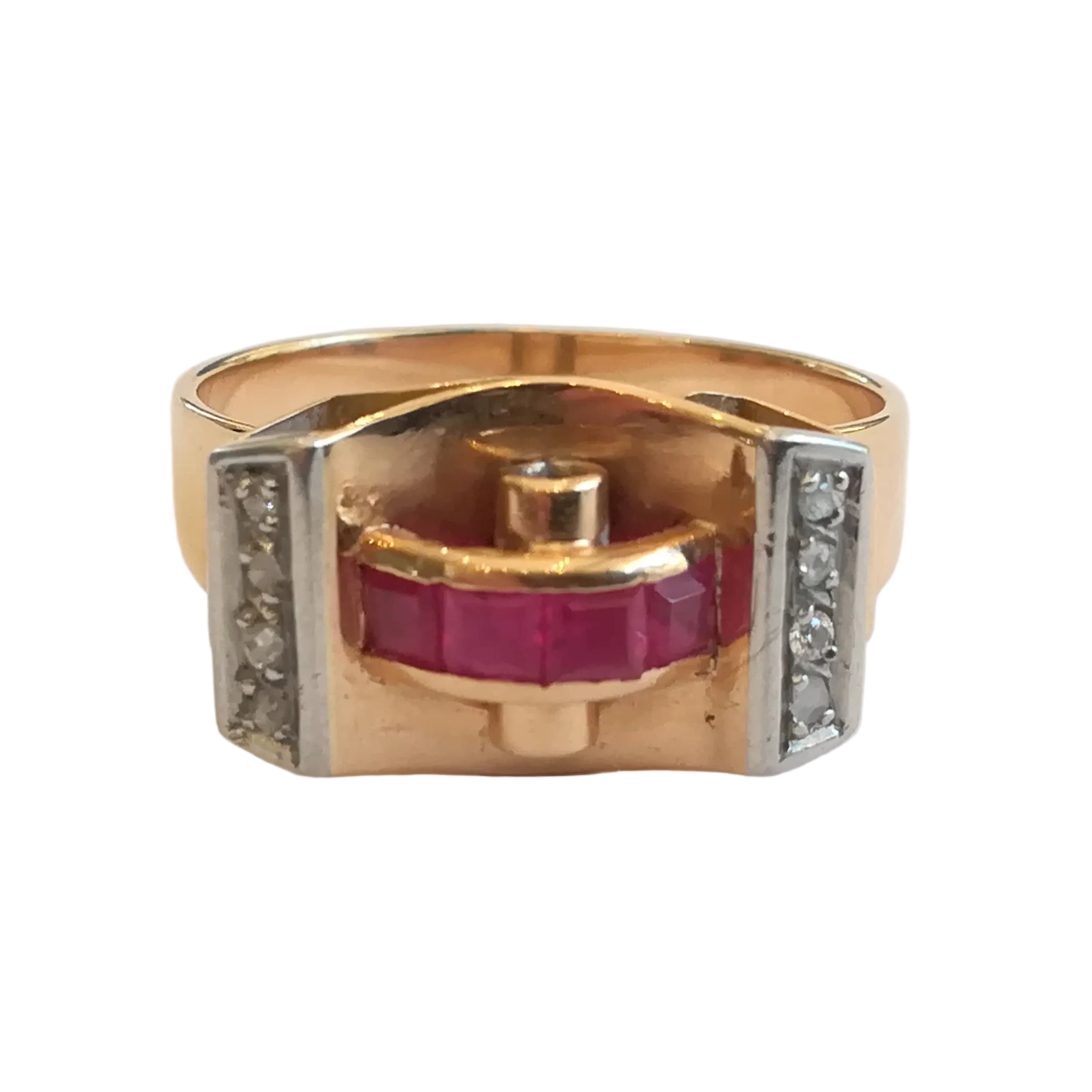 Bague Tank en or rose, platine, rubis et diamants