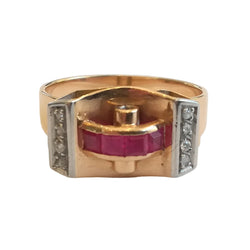 Bague Tank en or rose, platine, rubis et diamants