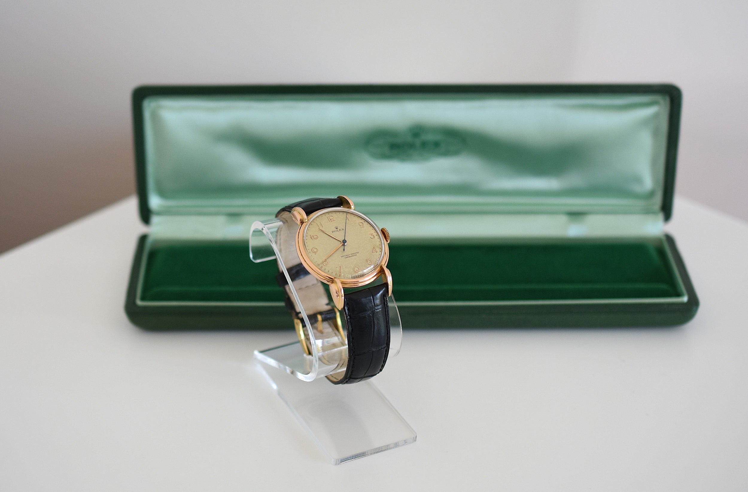 Montre ROLEX "Chronomètre" en or rose, acier et cuir