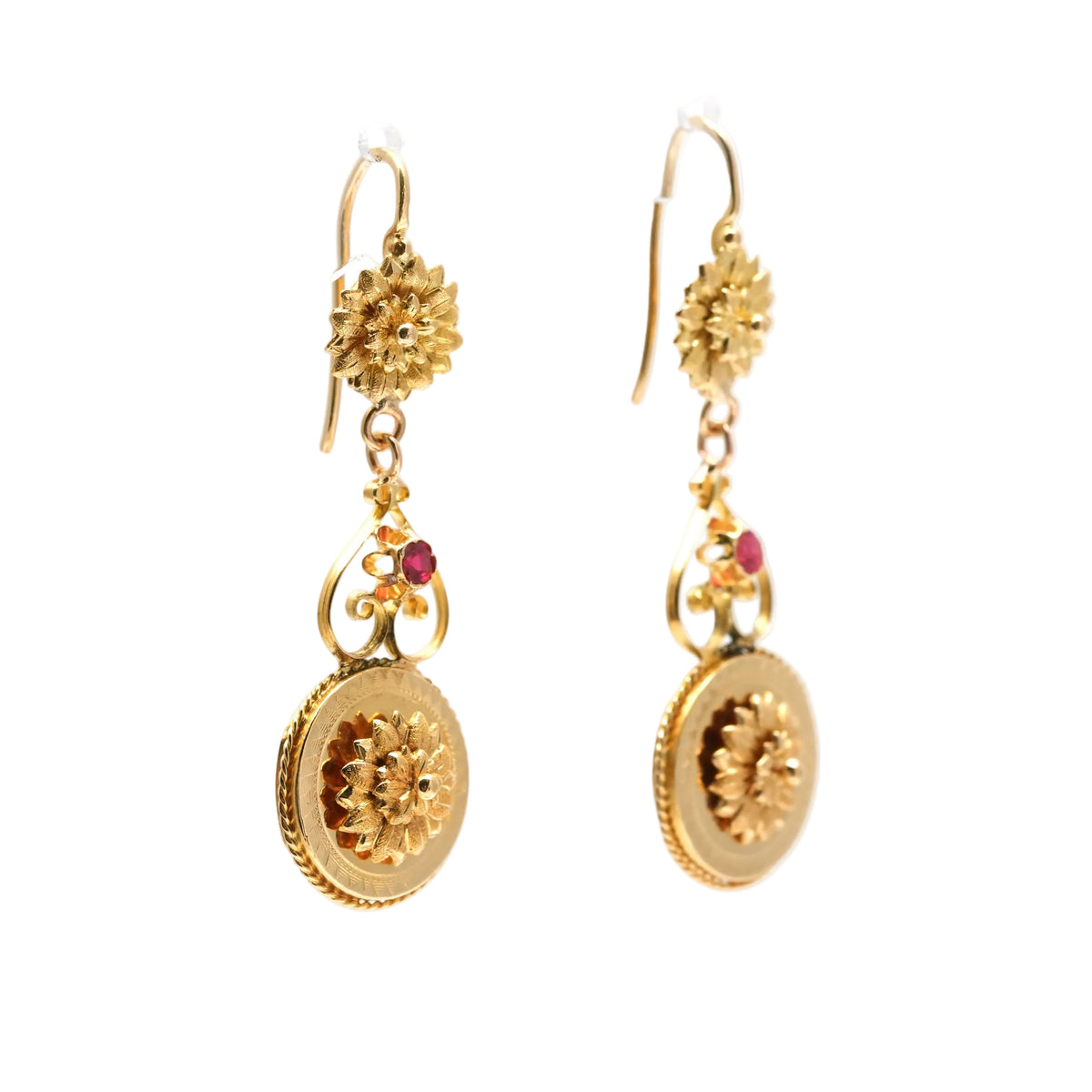 Boucles d'oreilles Pendantes en or jaune et rubis