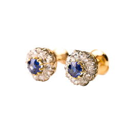 Boucles d'oreilles Puces en or jaune, platine, saphirs et diamants