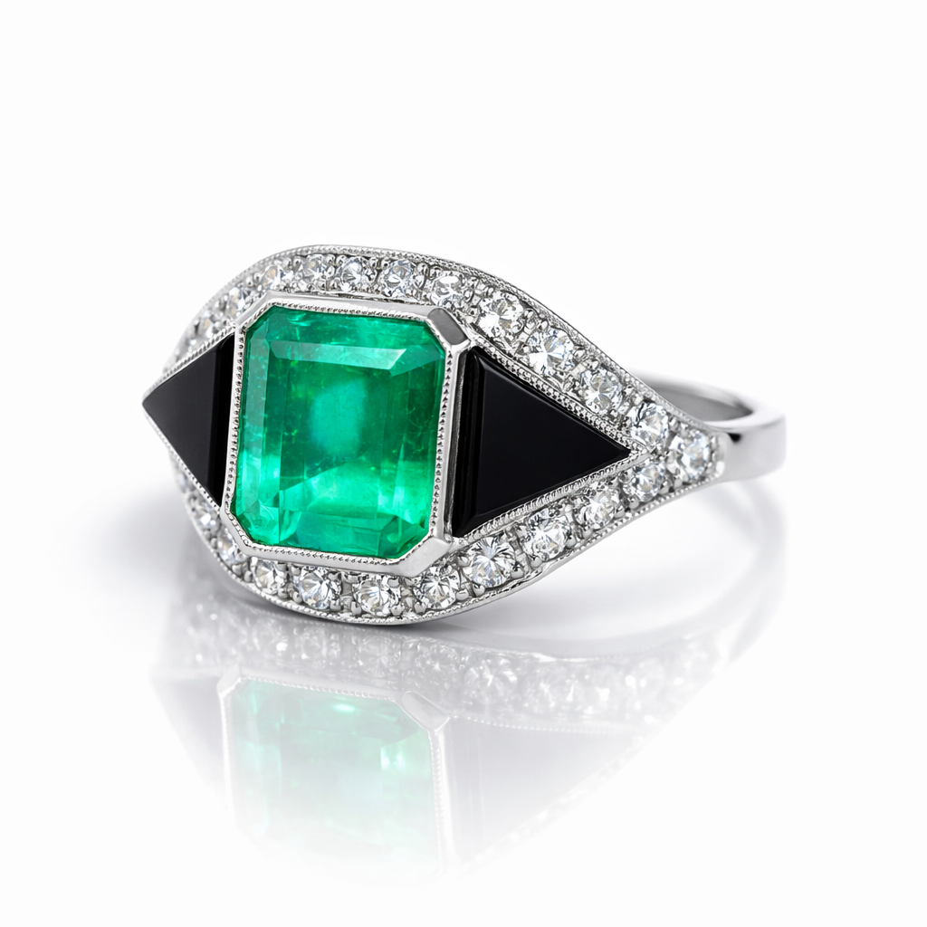 Bague Cocktail en platine, onyx, émeraude et diamants