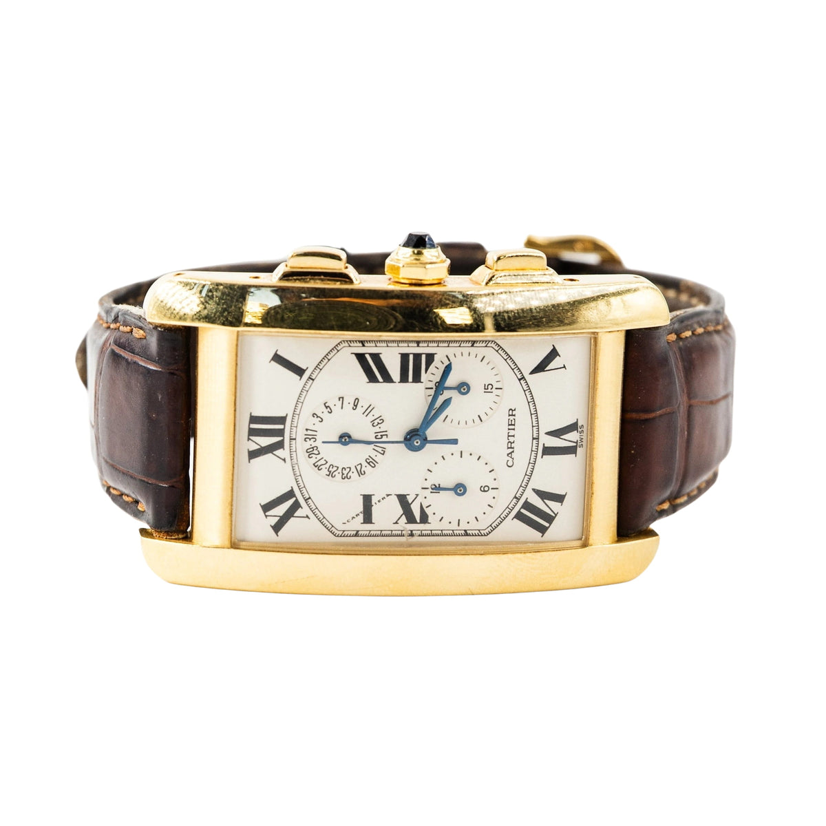 Montre CARTIER Tank Américaine Chronoflex en or jaune et cuir