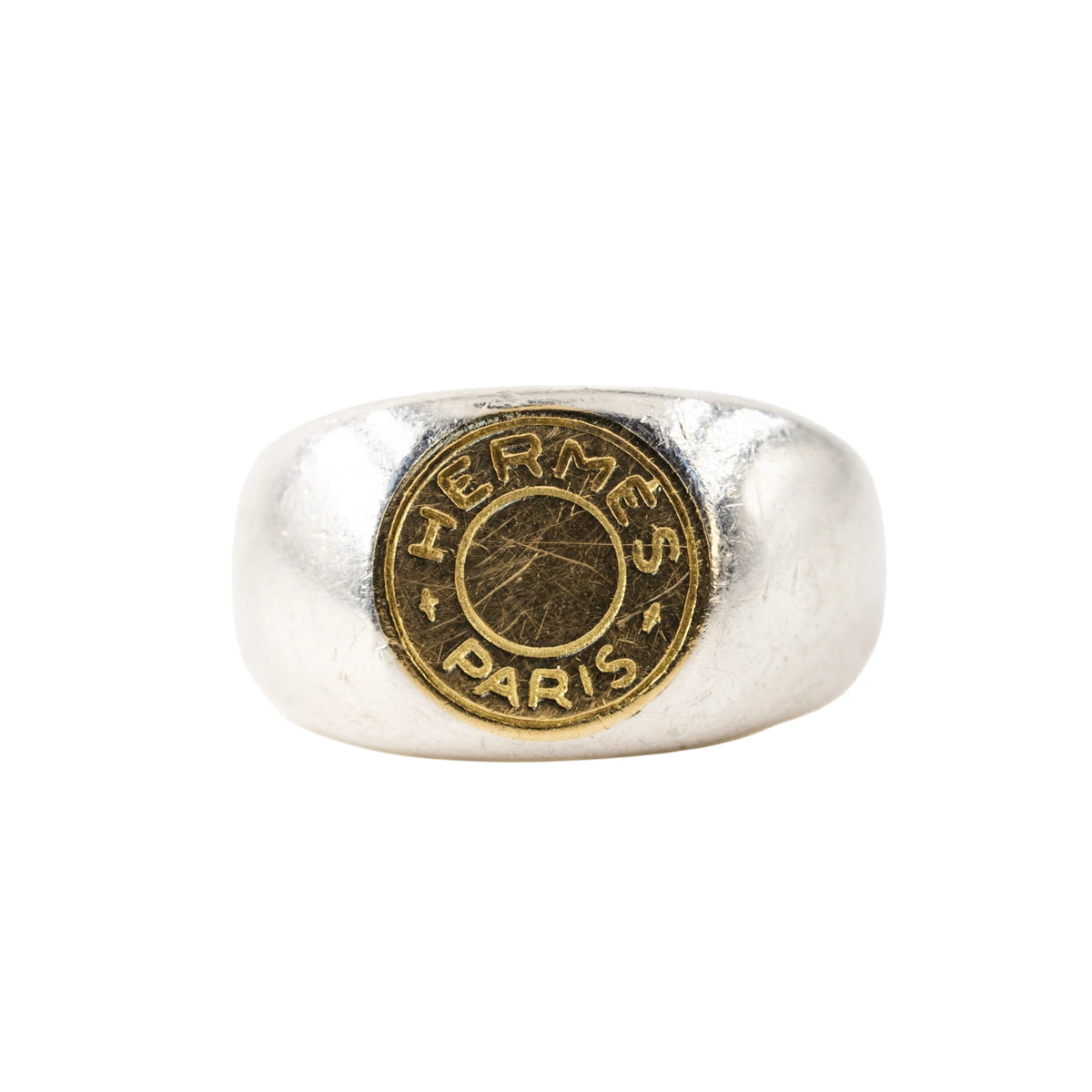 Bague Chevalière HERMÈS "Clou de selle" en argent et or jaune