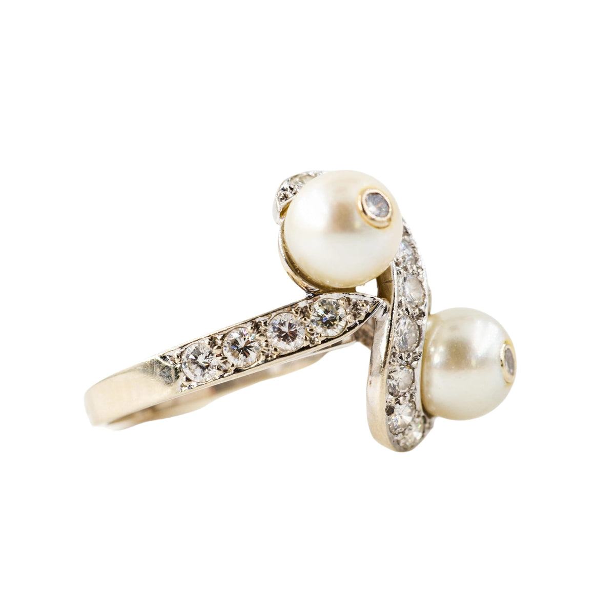 Bague Toi et Moi en or blanc, perles et diamants