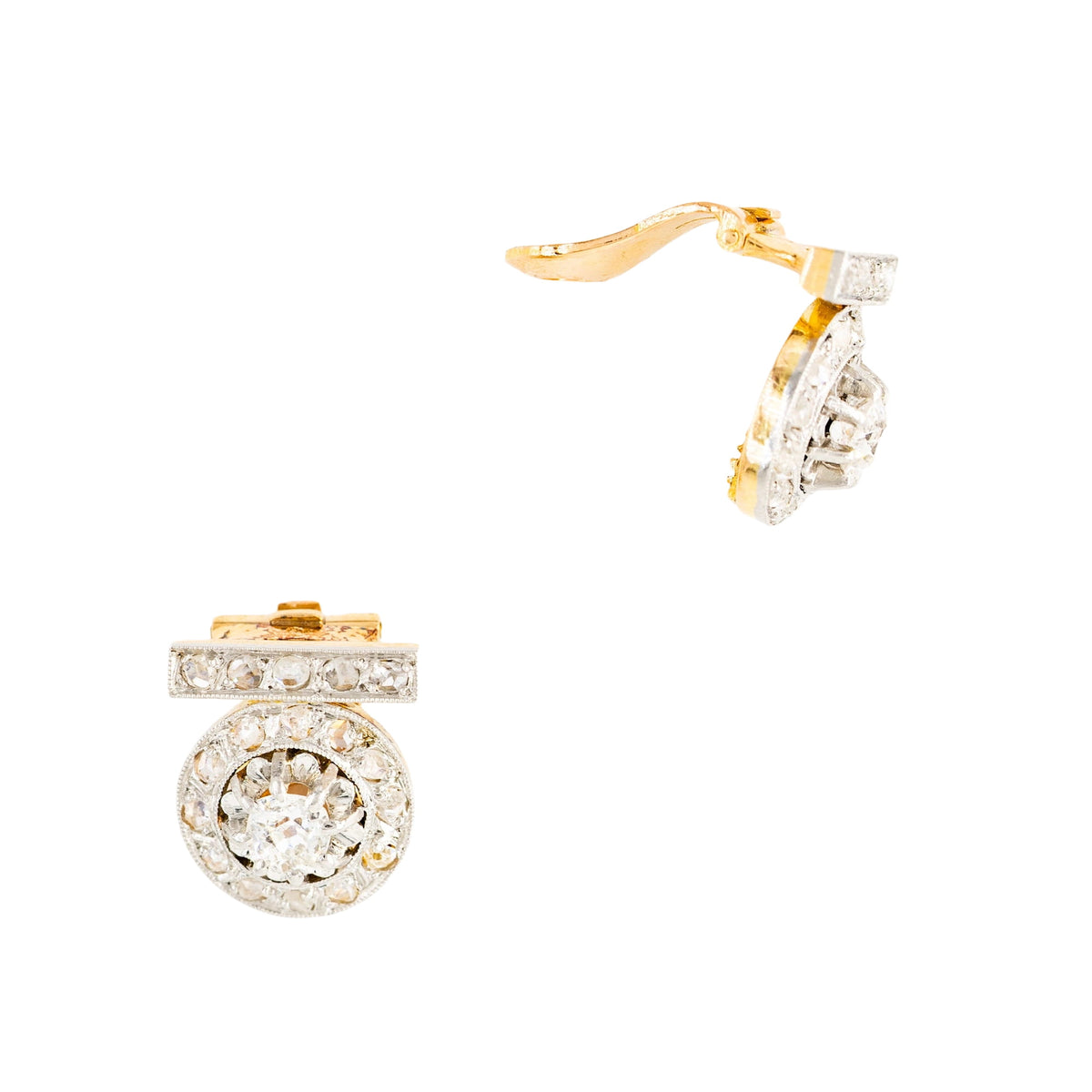 Boucles d'oreilles Clips Art Déco en platine, or jaune et diamants