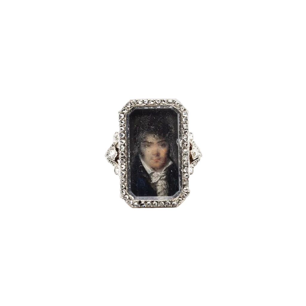 Bague portrait miniature en or jaune et argent avec diamants