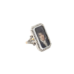 Bague portrait miniature en or jaune et argent avec diamants