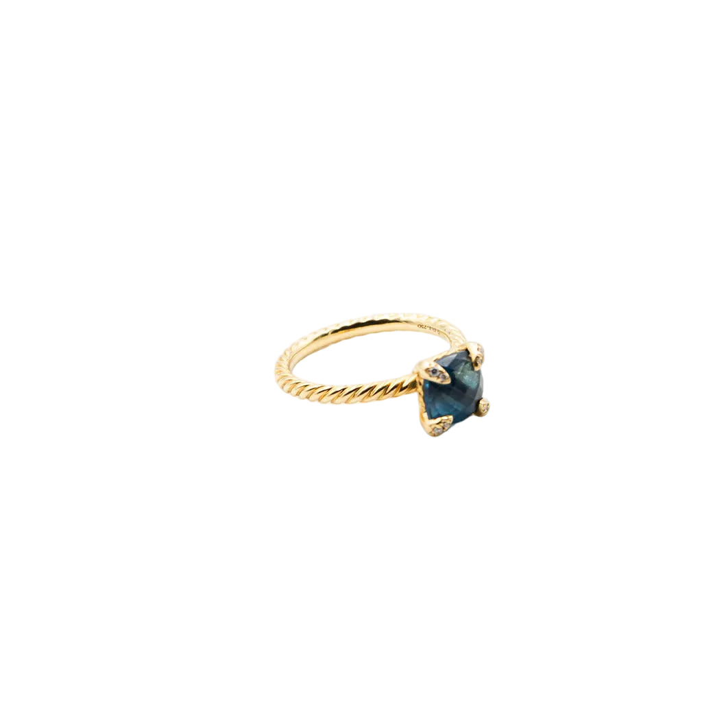 Bague Solitaire DAVID YURMAN "Chatelaine" en or jaune, topaze bleue et diamants