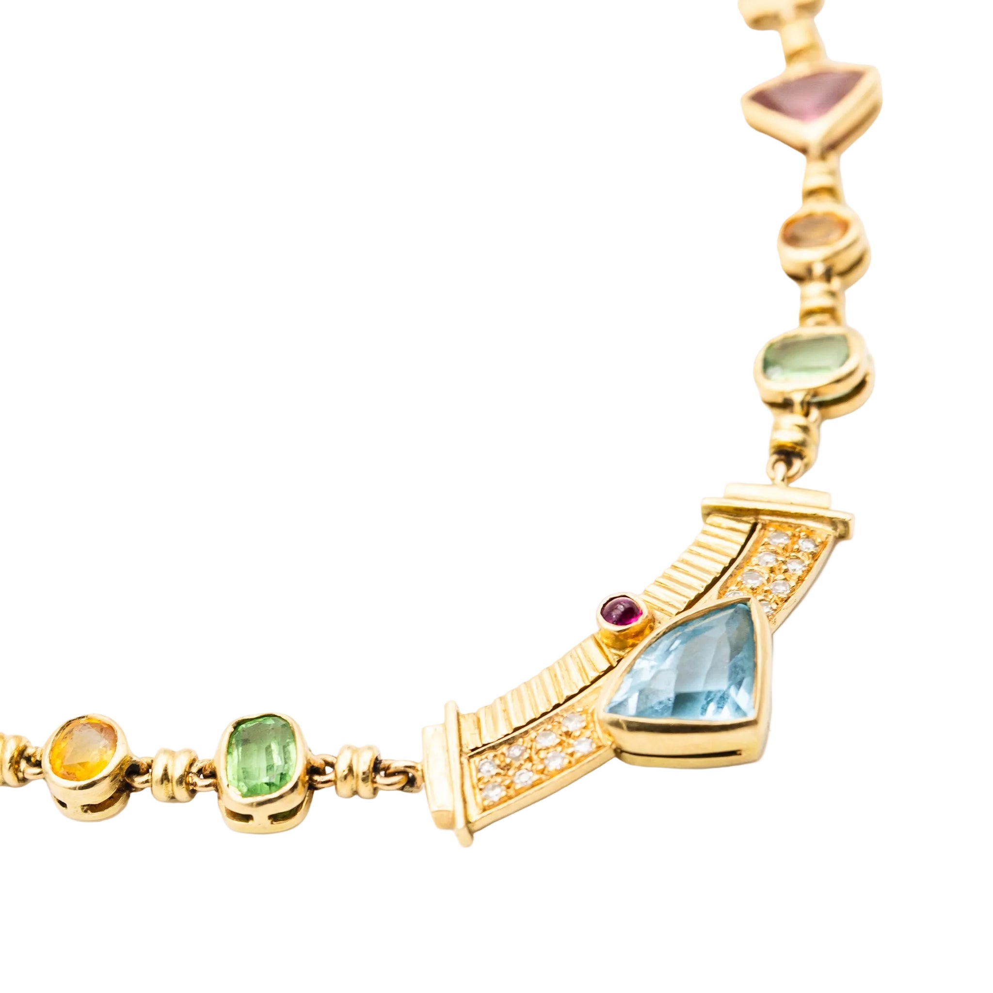 Collier en or jaune, citrines, grenats, péridots, topaze bleue, tourmalines roses, rubis et diamants