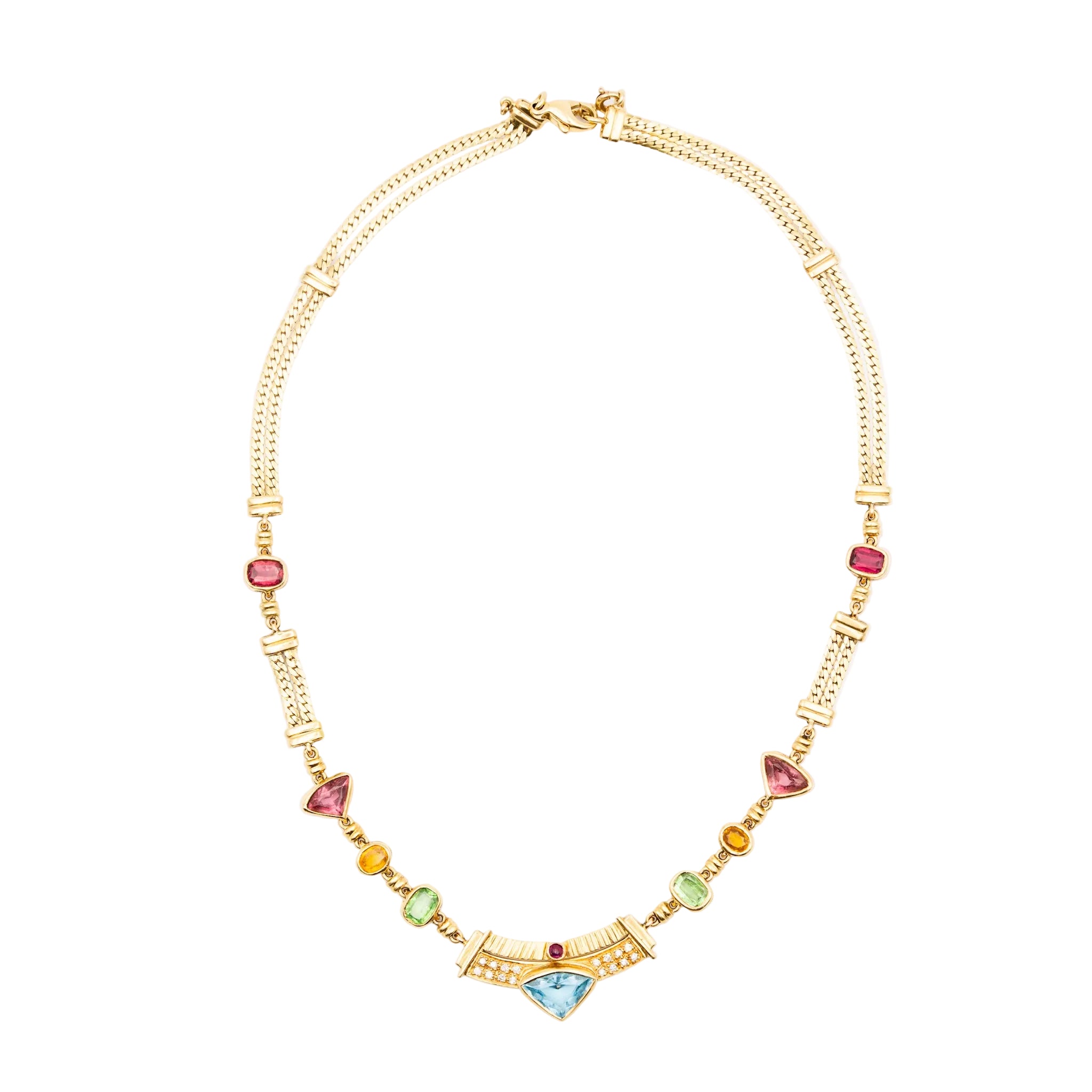 Collier en or jaune, citrines, grenats, péridots, topaze bleue, tourmalines roses, rubis et diamants
