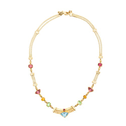 Collier en or jaune, citrines, grenats, péridots, topaze bleue, tourmalines roses, rubis et diamants